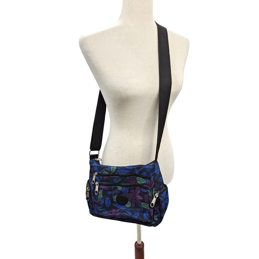 Chibao Women Floral Nylon Crossbody Bag Blue Purple Multi‎ Pocket Shoulder Bag